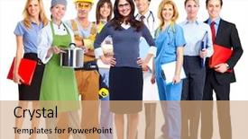  Presentation with team group - Beautiful slides featuring human services - group of workers business people backdrop and a coral colored foreground