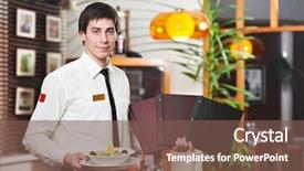  Presentation with restaurant waiter - Presentation featuring human services - handsome man waiter in uniform background and a violet colored foreground