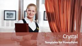  Presentation with work anniversary restaurant catering services - Beautiful slides featuring human services - happy beautiful restaurant manager woman backdrop and a red colored foreground