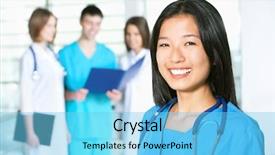  Presentation with asian doctor - PPT theme featuring human services - portrait of asian female doctor background and a light blue colored foreground