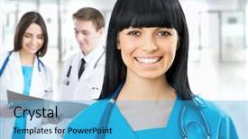 Presentation with portrait of excited overjoyed female - Audience pleasing theme consisting of human services - portrait of young female doctor backdrop and a teal colored foreground
