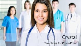  Presentation with portrait of excited overjoyed female - Presentation theme enhanced with human services - portrait of young female doctor background and a light blue colored foreground