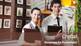  Presentation with restaurant menu - PPT layouts with human services - waitress girl and waiter man background and a tawny brown colored foreground