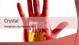  Presentation with aging - Slides having human skin - stop aging written on hand background and a coral colored foreground