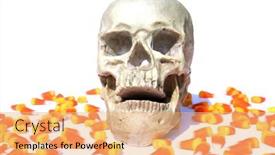  Presentation with halloween candy - Presentation theme featuring human-skull-halloween-human-skull background and a coral colored foreground