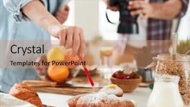  Presentation with croissant - PPT layouts having human subject - food-stylist pointing at fresh croissant background and a coral colored foreground