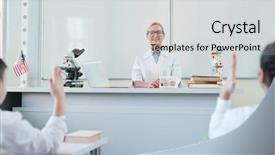  Presentation with chemistry teaching - Beautiful theme featuring human subject - happy blonde mature teacher backdrop and a light gray colored foreground
