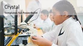  Presentation with front desk - PPT layouts with human subject - mixed-race schoolgirl in whitecoat sitting background and a light gray colored foreground