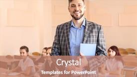  Presentation with classroom - Audience pleasing PPT theme consisting of human subject - portrait of happy teacher backdrop and a  colored foreground