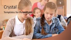  Presentation with table in a classroom cheating - Colorful PPT theme enhanced with human subject - pupils and teacher in classroom backdrop and a  colored foreground