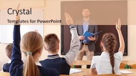  Presentation with listening - Audience pleasing presentation theme consisting of human subject - pupils listening teacher and raising backdrop and a  colored foreground