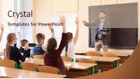  Presentation with listening - Audience pleasing PPT theme consisting of human subject - pupils listening teacher and raising backdrop and a  colored foreground