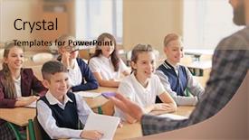  Presentation with listening and communication skills - Beautiful presentation theme featuring human subject - pupils listening teacher in classroom backdrop and a  colored foreground