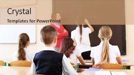  Presentation with listening - Amazing PPT theme having human subject - pupils listening teacher in classroom backdrop and a  colored foreground