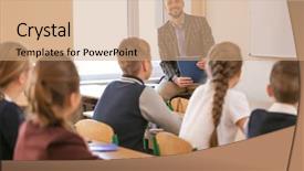 Presentation with classroom resources - PPT layouts enhanced with human subject - pupils listening teacher in classroom background and a  colored foreground