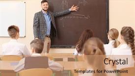  Presentation with classroom resources - Beautiful theme featuring human subject - pupils listening teacher in classroom backdrop and a  colored foreground