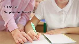  Presentation with pupil - Audience pleasing presentation design consisting of human subject - teacher explaining exercise to pupil backdrop and a  colored foreground