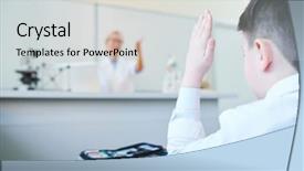  Presentation with desk - Cool new PPT theme with human subject - young schoolboy by desk raising backdrop and a light gray colored foreground