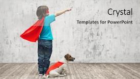  Presentation with superhero dog - Presentation theme featuring human super power - little superhero with dog background and a light gray colored foreground