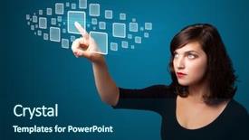  Presentation with modern tech - Beautiful presentation featuring human system - businesswoman pressing high tech type backdrop and a ocean colored foreground
