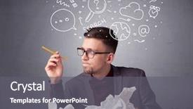  Presentation with doodles - Colorful slide deck enhanced with human thinking - young businessman sitting behind crumpled backdrop and a gray colored foreground