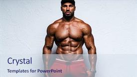  Presentation with bright white - Cool new presentation theme with human torso - young strong man bodybuilder backdrop and a sky blue colored foreground