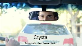  Presentation with rear view mirror - Beautiful PPT theme featuring speed limit - young successful driver looking backdrop and a light blue colored foreground