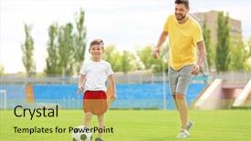  Presentation with football stadium - Beautiful slides featuring human value - dad and son playing football backdrop and a yellow colored foreground
