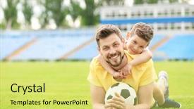  Presentation with human value - Cool new theme with human value - dad and son with soccer backdrop and a yellow colored foreground