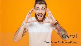  Presentation with cheerful - Slides featuring human voice - portrait of a cheerful young background and a gold colored foreground