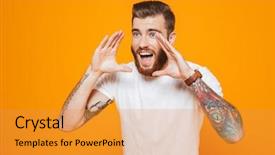  Presentation with human voice - Cool new presentation theme with human voice - portrait of a cheerful young backdrop and a gold colored foreground