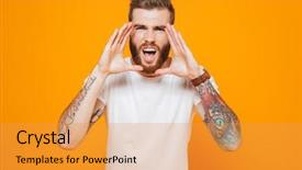  Presentation with human voice - Colorful slides enhanced with human voice - portrait of a young man backdrop and a  colored foreground