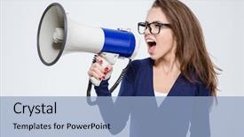  Presentation with human voice - Audience pleasing PPT theme consisting of human voice - portrait of a young woman backdrop and a light blue colored foreground