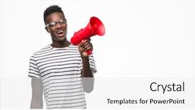  Presentation with african american teen girls - Cool new PPT theme with human voice - young african american man holding backdrop and a  colored foreground