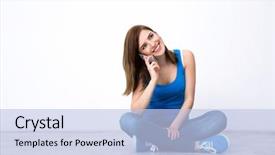  Presentation with phone - Slide set with human voice - young smiling woman talking background and a light blue colored foreground