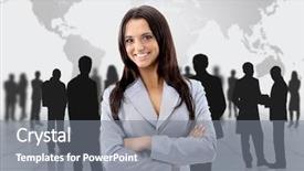  Presentation with team - Beautiful slide deck featuring human work - happy young business woman standing backdrop and a  colored foreground