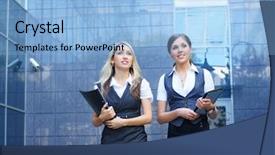  Presentation with business women - Presentation theme having human work - two young attractive business women background and a light blue colored foreground