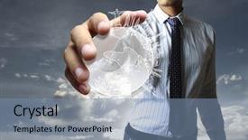  Presentation with travel globe - Beautiful slides featuring human world travel - earth globe in his hands backdrop and a seafoam green colored foreground