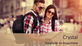  Presentation with tourists - Amazing presentation having human world travel - happy tourists with map outdoors backdrop and a coral colored foreground