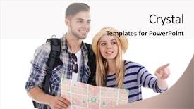  Presentation with world travel - Cool new slide deck with human world travel - pair of travelers with map backdrop and a white colored foreground