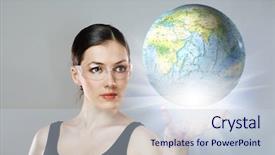  Presentation with travel globe - Theme enhanced with human world travel - woman holding a globe background and a lemonade colored foreground