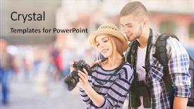  Presentation with street - Theme consisting of human world travel - young couple of travelers background and a lemonade colored foreground