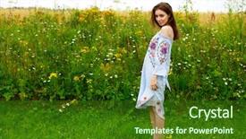  Presentation with beautiful green - Colorful slides enhanced with humanbody 18 - young beautiful brunette woman backdrop and a forest green colored foreground