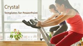  Presentation with stationary bikes - Cool new PPT theme with humanbody 18 - young women on stationary bikes backdrop and a sky blue colored foreground