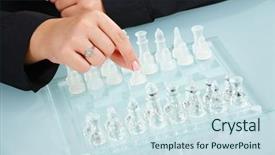  Presentation with chess - Amazing PPT layouts having humand hands playing chess on modern glass table backdrop and a sky blue colored foreground