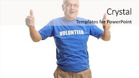  Presentation with teamwork volunteer charity help giving - Slide set featuring humanitarian aid - cheerful mature male volunteer giving background and a sky blue colored foreground