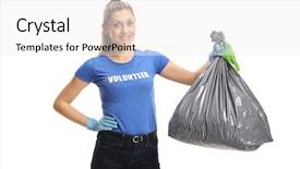  Presentation with volunteer - Presentation theme having humanitarian aid - cheerful young female volunteer holding background and a white colored foreground