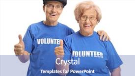 Presentation with teamwork volunteer charity help giving - Colorful slide deck enhanced with humanitarian aid - portrait of cheerful senior couple backdrop and a teal colored foreground