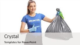  Presentation with humanitarian - Cool new slide set with humanitarian aid - woman volunteer with a garbage backdrop and a white colored foreground