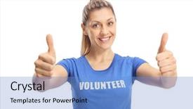  Presentation with camp volunteer orientation - Theme featuring humanitarian aid - young female volunteer showing thumbs background and a light blue colored foreground
